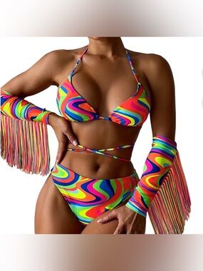 Women’s Contrast Color Halter Bikini Fringe Arm Sleeves 3 Piece Swimsuit- NWT- L